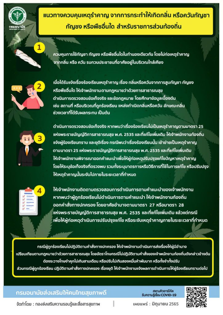 แนวทางควบคุมเหตุรำคาญ จากการกระทำให้เกิดกลิ่นหรือควันกัญชา กัญชง หรือพืชอื่นใด สำหรับราชการส่วนท้องถิ่น